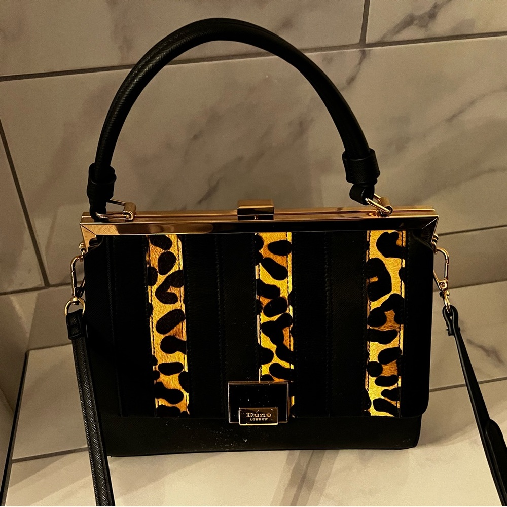 Black, leopard print shoulder strap purse zipper pocket